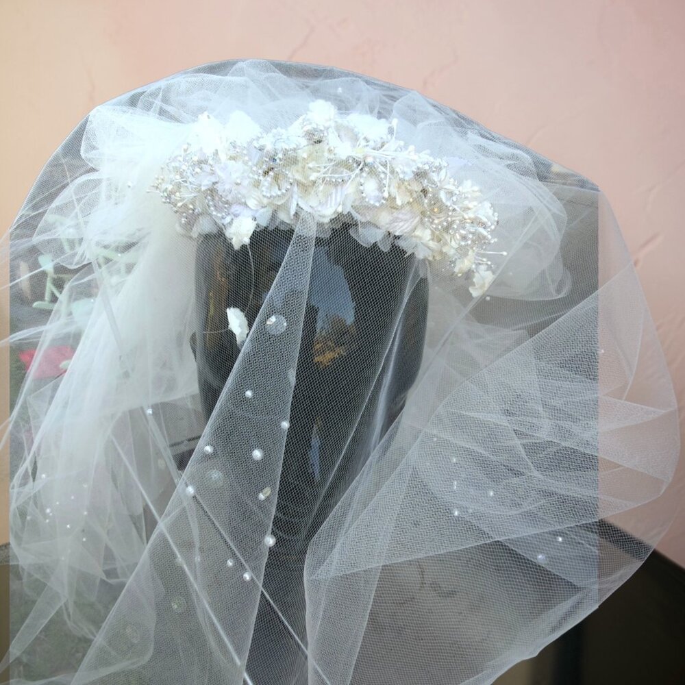 Handmade White Floral Bridal Veil With Pearl Embellishments Lace Crown & Tulle L
